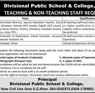 Divisional Public School and College Dera Ghazi Khan Jobs 2026 February Teachers & Others Latest