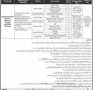 Deputy Assistant Director NADRA Karachi 2026 February Apply Online Office Incharge Walk in Test / Interview Latest