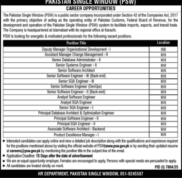 Pakistan Single Window Jobs March 2026 April Apply Online Software Engineers & Others PSW Latest