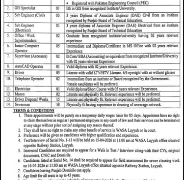 Sewerman jobs in WASA Layyah 2026 walk-in interview advertisement