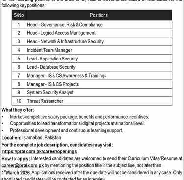 Pakistan Revenue Automation Pvt Ltd Islamabad Jobs February 2026 PRAL Latest