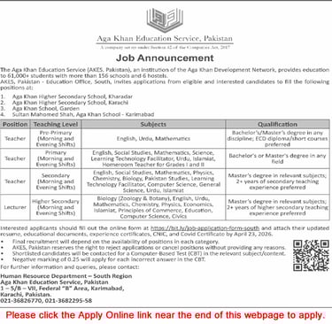 Aga Khan Education Service Karachi Jobs April 2026 latest teaching and lecturer vacancies apply online Pakistan