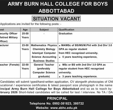 Army Burn Hall College of Boys Abbottabad Jobs 2026 February Lecturers, Teachers & Security Officer Latest