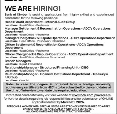 Bank of Khyber Jobs February 2026 Apply Online Branch Managers, Relationship Managers & Others BOK Lates