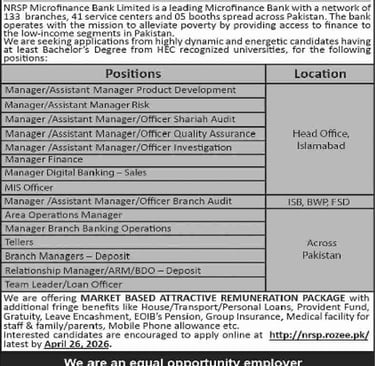 NRSP Microfinance Bank Jobs 2026 April Apply Online Pakistan Banking Jobs Tellers Branch Managers Relationship Managers