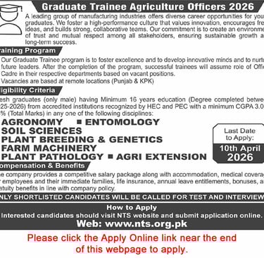 “Graduate Trainee Agriculture Officer Program 2026 NTS apply online.”