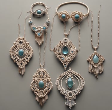 Piezas artesanales de macramé con piedras preciosas.