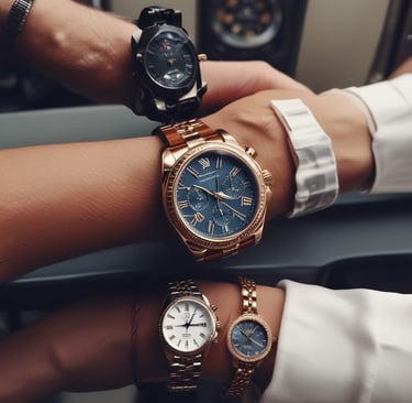 An assortment of luxury watches, featuring Rolex and Omega, arranged neatly on a velvet cushion.