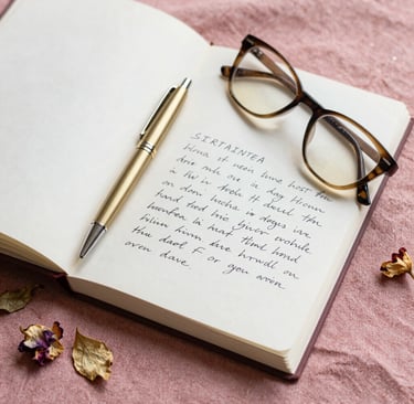 An open journal with handwritten reflections, a gold pen, and a touch of dried flowers on a cream linen cloth.