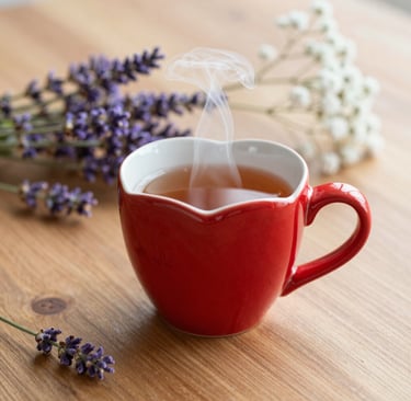 A softly lit ceramic mug of steaming tea resting on a wooden table surrounded by gentle cream and sage green fabrics.