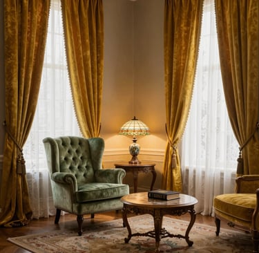 A peaceful corner nook with a soft throw, muted gold accents, and a quiet light filtering through sheer curtains.