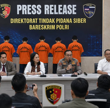 Ilustrasi konferensi pers pengungkapan tindak pidana siber oleh aparat kepolisian dengan menghadi