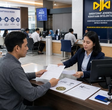Ilustrasi proses pendaftaran merek oleh pelaku usaha di kantor pelayanan kekayaan intelektual sebaga