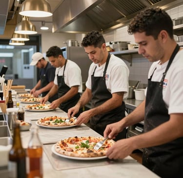 A colorful variety of pizzas arranged on a table, showcasing different ingredients and crust styles.