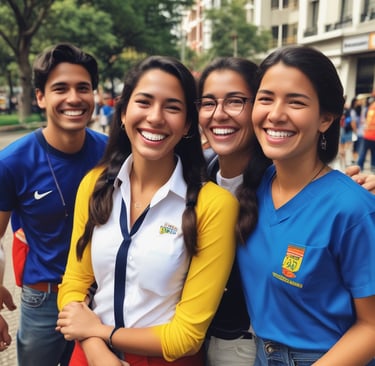 Students collaborating on an AI project, surrounded by colorful Venezuelan flag elements.