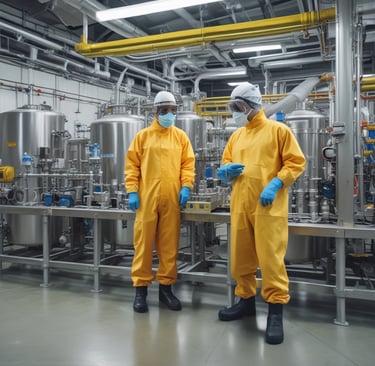 Technicians in protective gear monitoring speciality chemicals production line