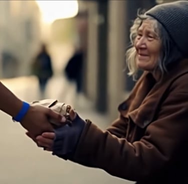 Uma mão jovem oferecendo alimento à uma senhora idosa em situação de rua.