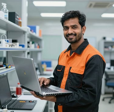 Smiling technician in a futuristic black and orange uniform holding a repaired laptop in a clean, high-tech repair lab.