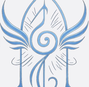 Light blue fantasy sigil featuring a central spiral, symmetrical wings, and elegant curved lines.