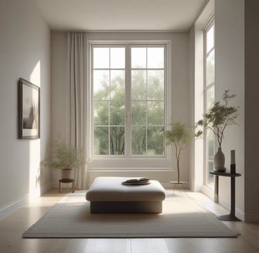 A serene workspace with soft natural light, a notebook, and a cup of herbal tea on a wooden table.