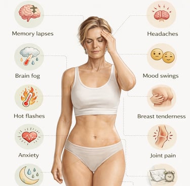 Educational infographic showing common menopause symptoms on different parts of a woman's body 