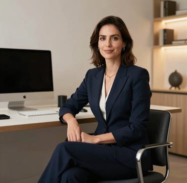Professional, high-end portrait of a female design lead sitting in an elite modern creative studio with clean lines and premium navy aesthetic, Global / North American setting. Soft warm gold lighting from the side, elegant professional vibe, high-end commercial editorial style.
