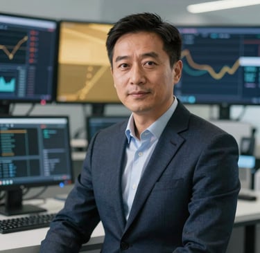 Professional, high-end corporate portrait of a male technical director in an upscale digital lab environment, Global / North American setting. Elegant, modern attire, soft lighting with hints of gold and navy in the background. Highly professional and trustworthy demeanor, cinematic depth of field.
