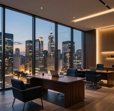 A high-end, futuristic executive workspace overlooking a glowing metropolitan skyline at dusk in a Global / North American tech hub. The interior is decorated with polished dark wood, minimalist navy furniture, and subtle warm gold accent lighting. Sophisticated atmosphere, high-end commercial architectural photography, cinematic lighting, twilight blue and golden hour tones.