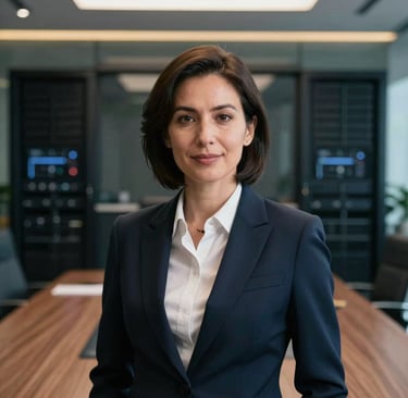 Professional, high-end corporate portrait of a female executive in a modern high-tech boardroom, Global / North American setting. Softly out-of-focus background with deep navy server glass walls and subtle royal gold light strips. Elite, trustworthy expression, sharp focus, cinematic corporate headshot style.