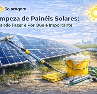 limpeza de painéis solares em sistema fotovoltaico com escova, água e balde mostrando a importância