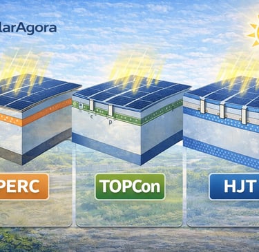 Diferença entre tecnologias de células solares PERC, TOPCon e HJT