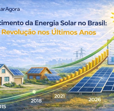 Ilustração mostrando o crescimento da energia solar no Brasil com casas com painéis solares e gráfic