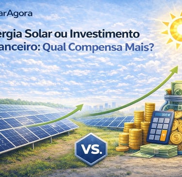 Ilustração comparando energia solar e investimento financeiro com painéis solares, moedas e gráfico 
