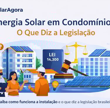 Ilustração de energia solar em condomínios com prédios com painéis solares, livro da Lei 14.300 e el
