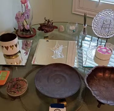  Mixed Decor Lot: Metal Bowls, Glass Ornament, Mirror Tiles The Peterson Exchange
