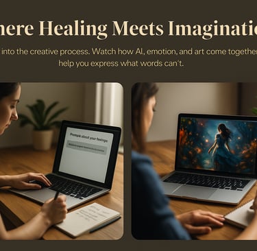 Side-by-side images of a woman writing a prompt and viewing AI-generated art on a laptop.