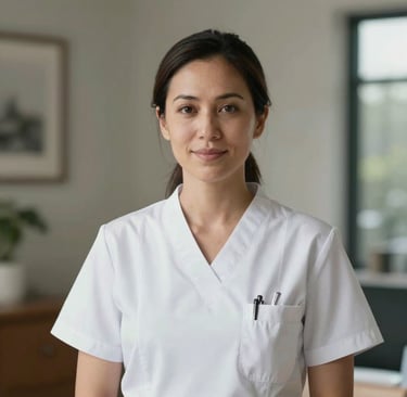 A professional and compassionate portrait of a female nurse practitioner in the Pacific Northwest, looking warmly towards the camera in a modern residential setting.
