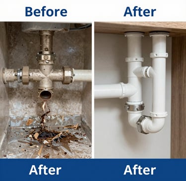 Technician inspecting a clogged outdoor drainage pipe in a residential area in Bekasi