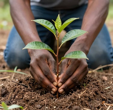 A close-up of hands planting a young tree seedling in rich soil, symbolizing growth and care.