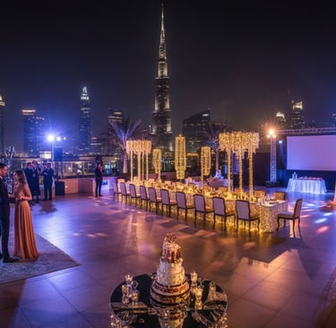 Luxury outdoor wedding reception on a Dubai rooftop with Burj Khalifa views and elegant decor.