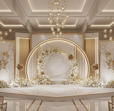 Elegant wedding stage with marble backdrop, white floral arch, and luxury gold lighting.