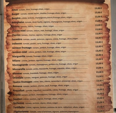 French pizza menu list with prices for varieties like Marguerita, Quatre-fromages, and Royale.