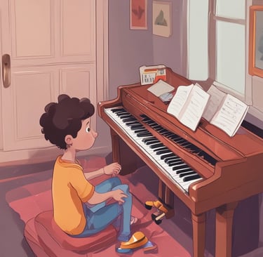 a woman sitting at a piano playing a song