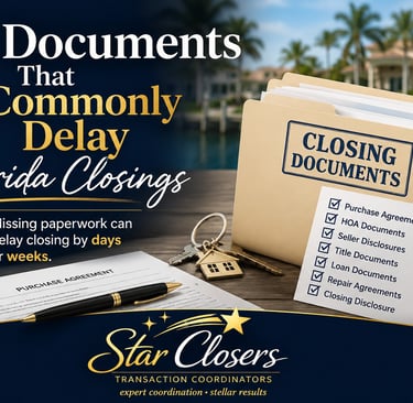 Florida real estate closing documents and transaction checklist showing seven common documents that