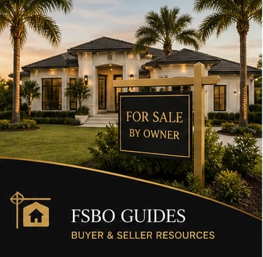 Luxury modern home with a For Sale By Owner sign and FSBO buyer and seller resources text.