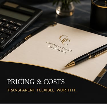 Professional contract to close coordination pricing guide with a calculator, pen, and folder on a desk.