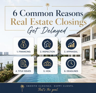 Infographic listing 6 common reasons real estate closings get delayed like financing and appraisal.