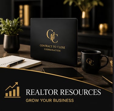 Professional realtor resources for real estate contract to close coordination with branded laptop and coffee mug.