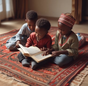 Children gathered in a bright classroom learning Quran together in Sierra Leone