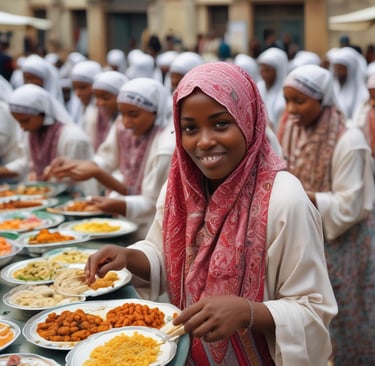 Volunteers distributing aid packages to families under a clear blue sky